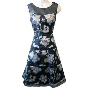 Kay Unger Womens Black Silver Metallic Floral Silk Mesh Cocktail Dress Size 4